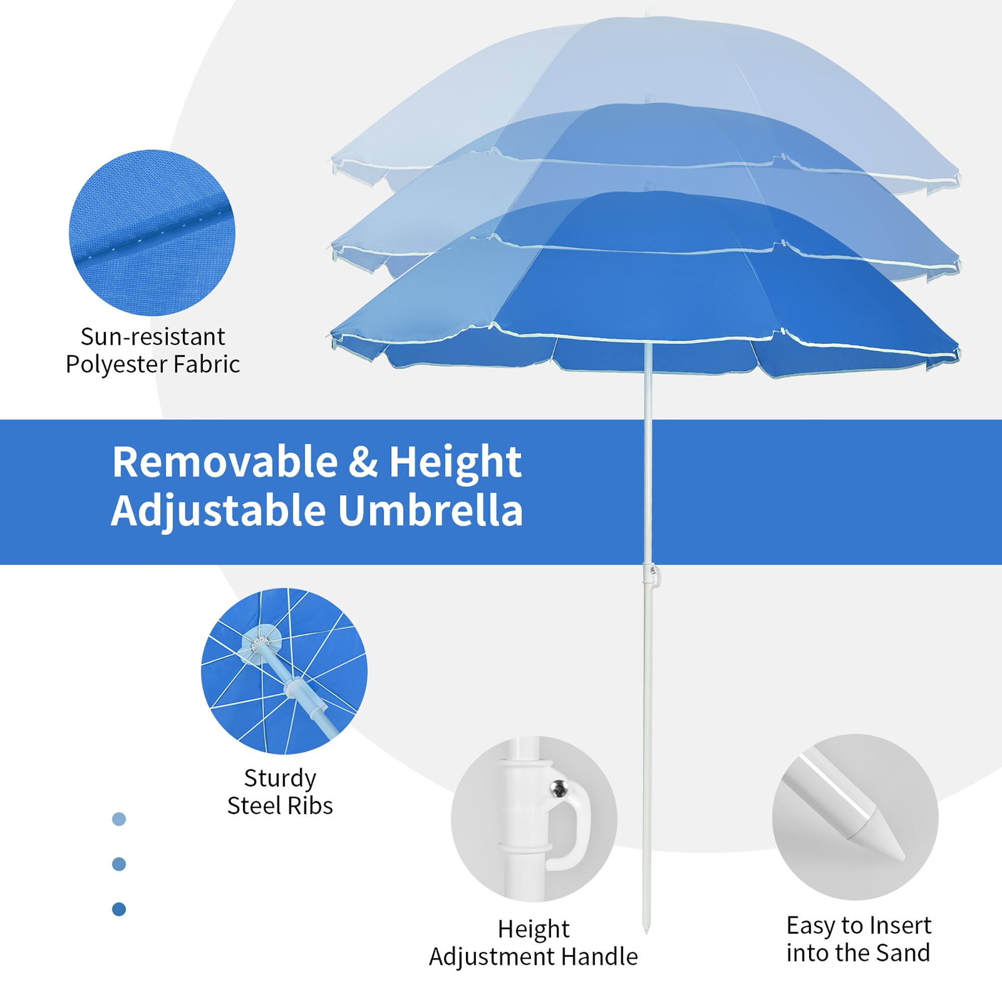 Sun-resistant Polyester Fabric Removable & Height Adjustable Umbrella Sturdy Steel Ribs Height Adjustment Handle Easy to Insert into the Sand