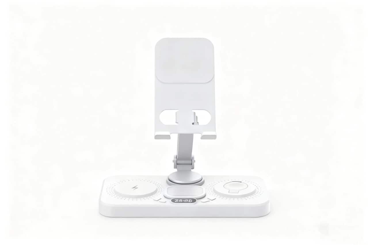 RISOKEYS - Wireless Charger - Supports Phone, Watch, Earphone Charging, Clock with LED Lights, Tablet Stand, Foldable Power Adapter - White