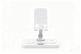 RISOKEYS - Wireless Charger - Supports Phone, Watch, Earphone Charging, Clock with LED Lights, Tablet Stand, Foldable Power Adapter - White