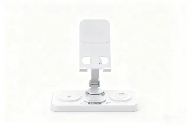 Front. RISOKEYS - Wireless Charger - Supports Phone, Watch, Earphone Charging, Clock with LED Lights, Tablet Stand, Foldable Power Adapter - White.