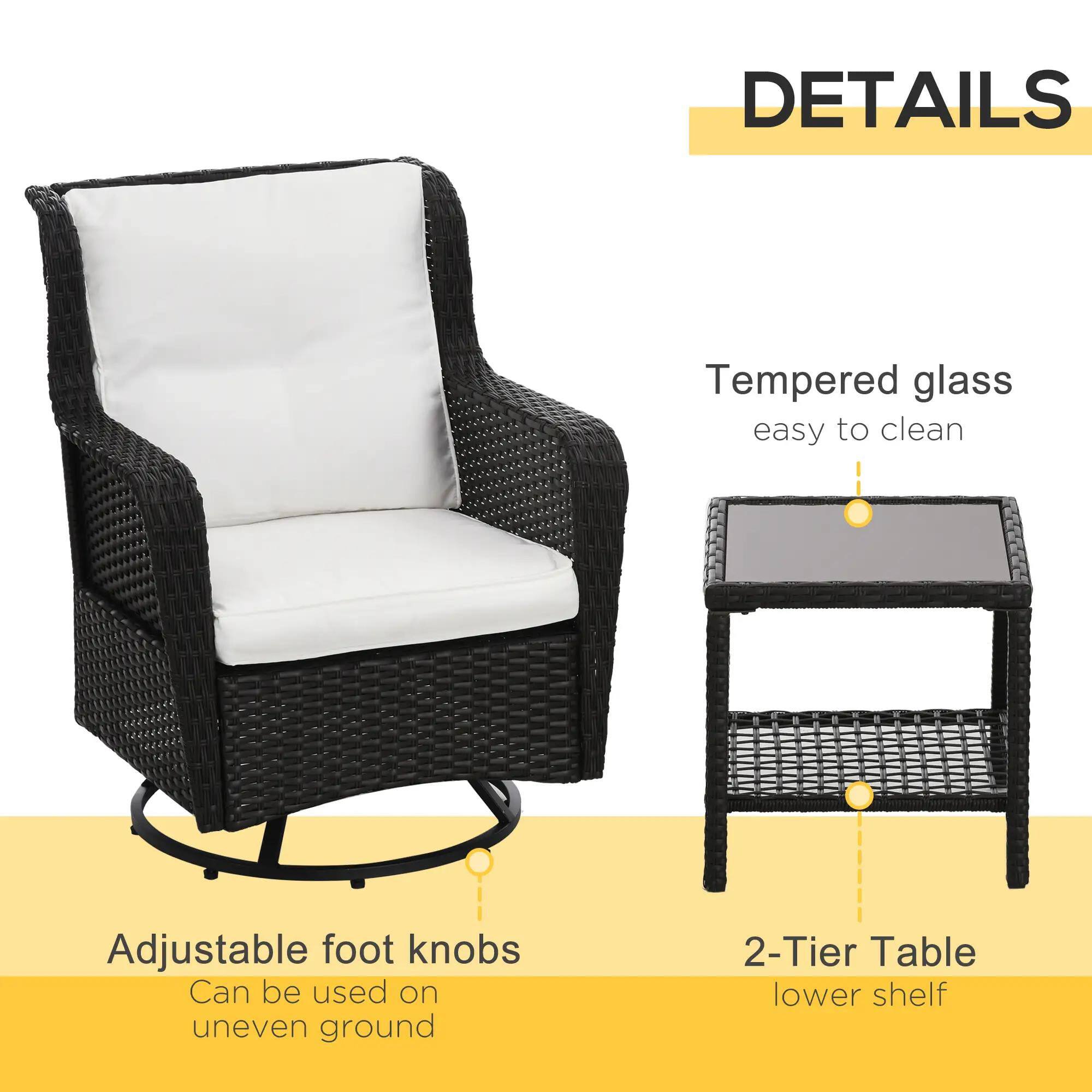 DETAILS

Tempered glass easy to clean

Adjustable foot knobs Can be used on uneven ground

2-Tier Table lower shelf