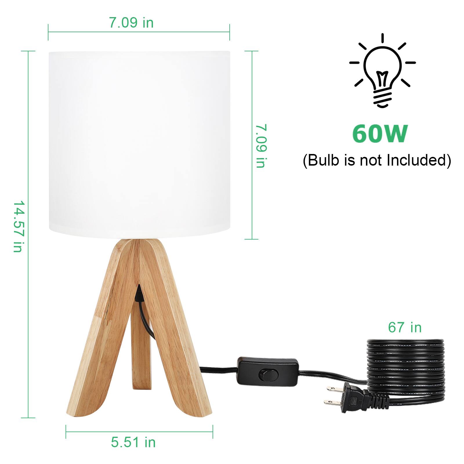 7.09 in  
7.09 in  
14.57 in  
5.51 in  
67 in  

60W (Bulb is not Included)