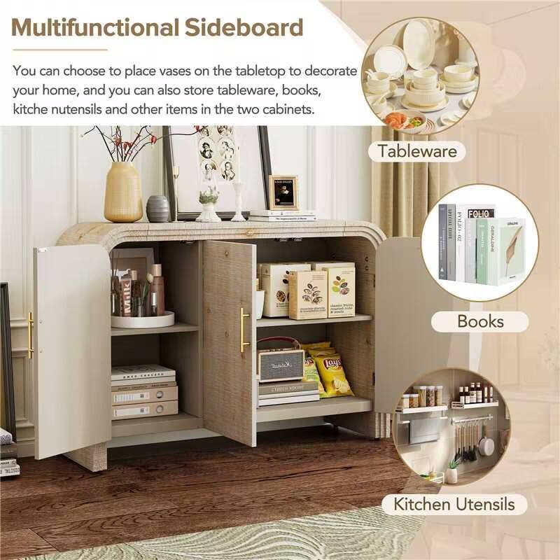 Multifunctional Sideboard

You can choose to place vases on the tabletop to decorate your home, and you can also store tableware, books, kitchen utensils and other items in the two cabinets.

Tableware

Books

Kitchen Utensils