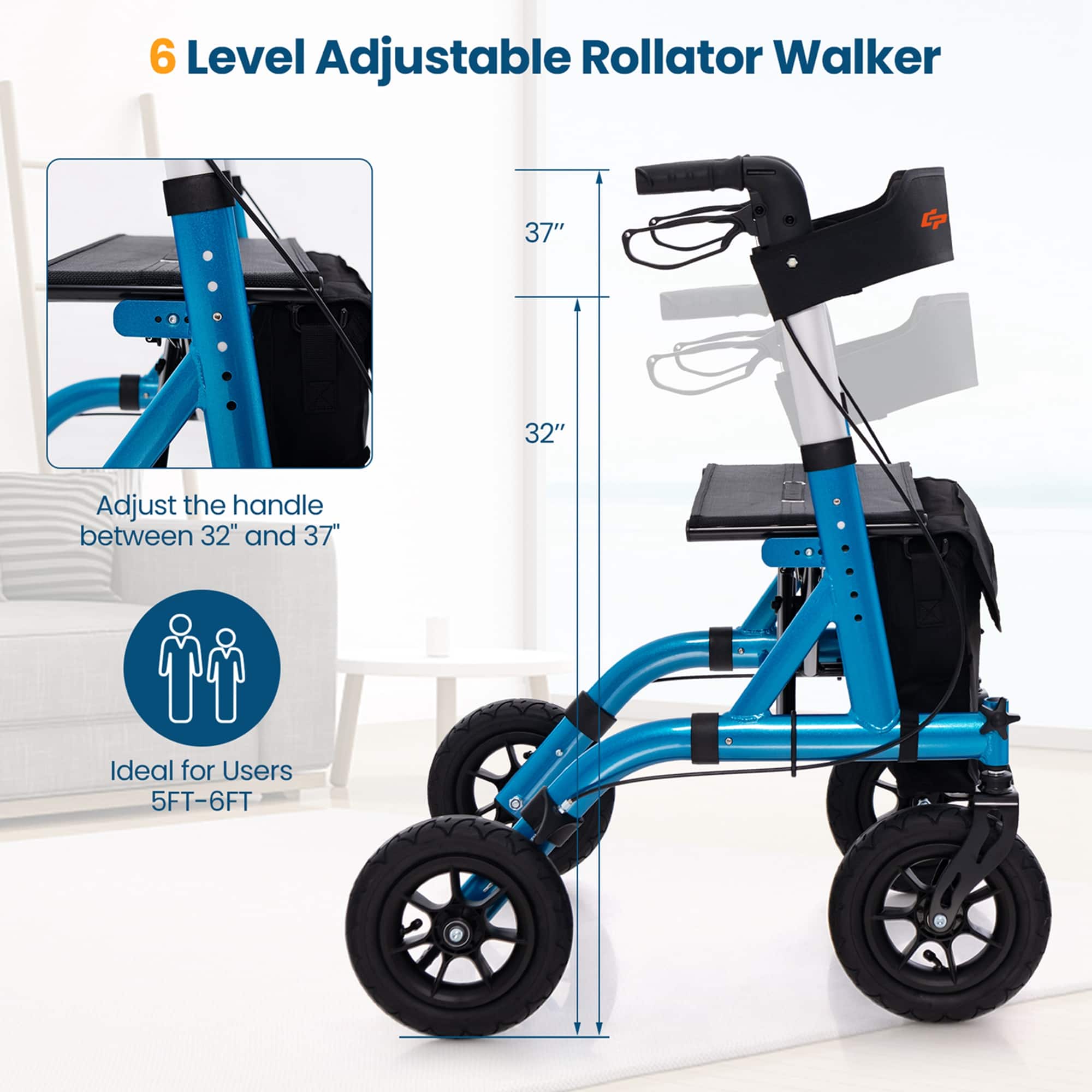 6 Level Adjustable Rollator Walker
37"
32"
Adjust the handle between 32" and 37"
Ideal for Users 5FT-6FT