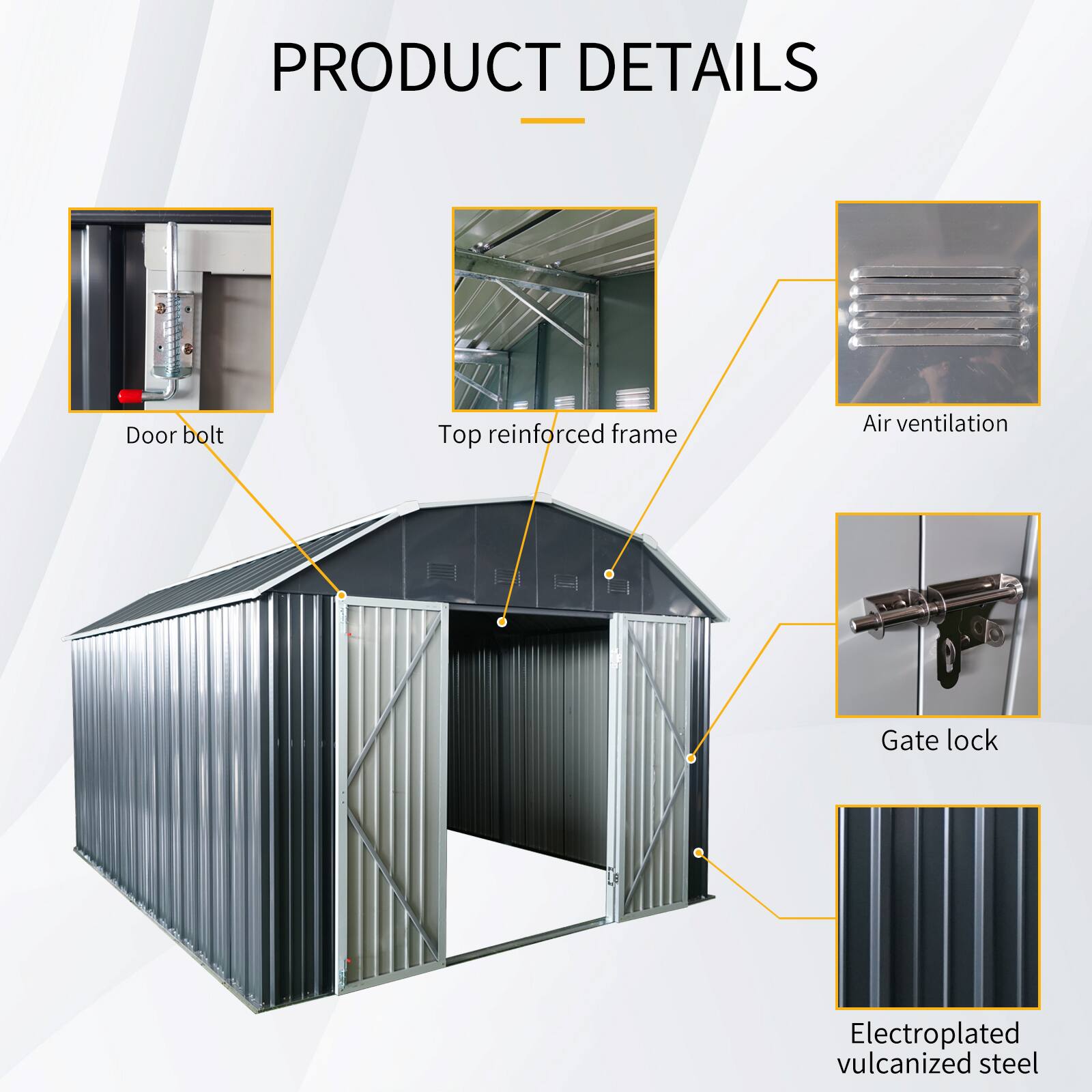 PRODUCT DETAILS  
- Door bolt  
- Top reinforced frame  
- Air ventilation  
- Gate lock  
- Electroplated vulcanized steel
