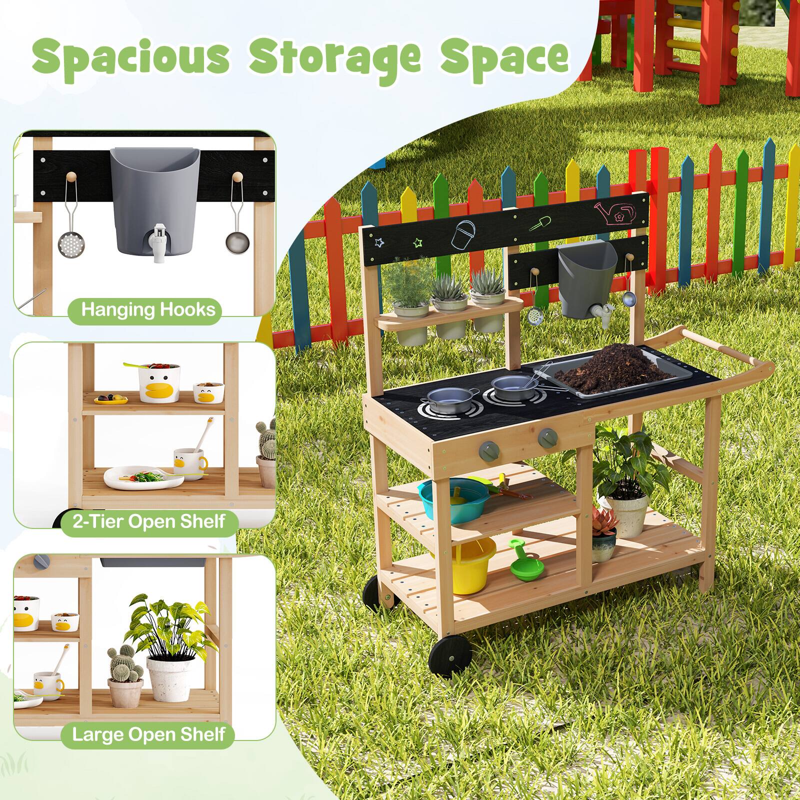 Spacious Storage Space

- Hanging Hooks
- 2-Tier Open Shelf
- Large Open Shelf