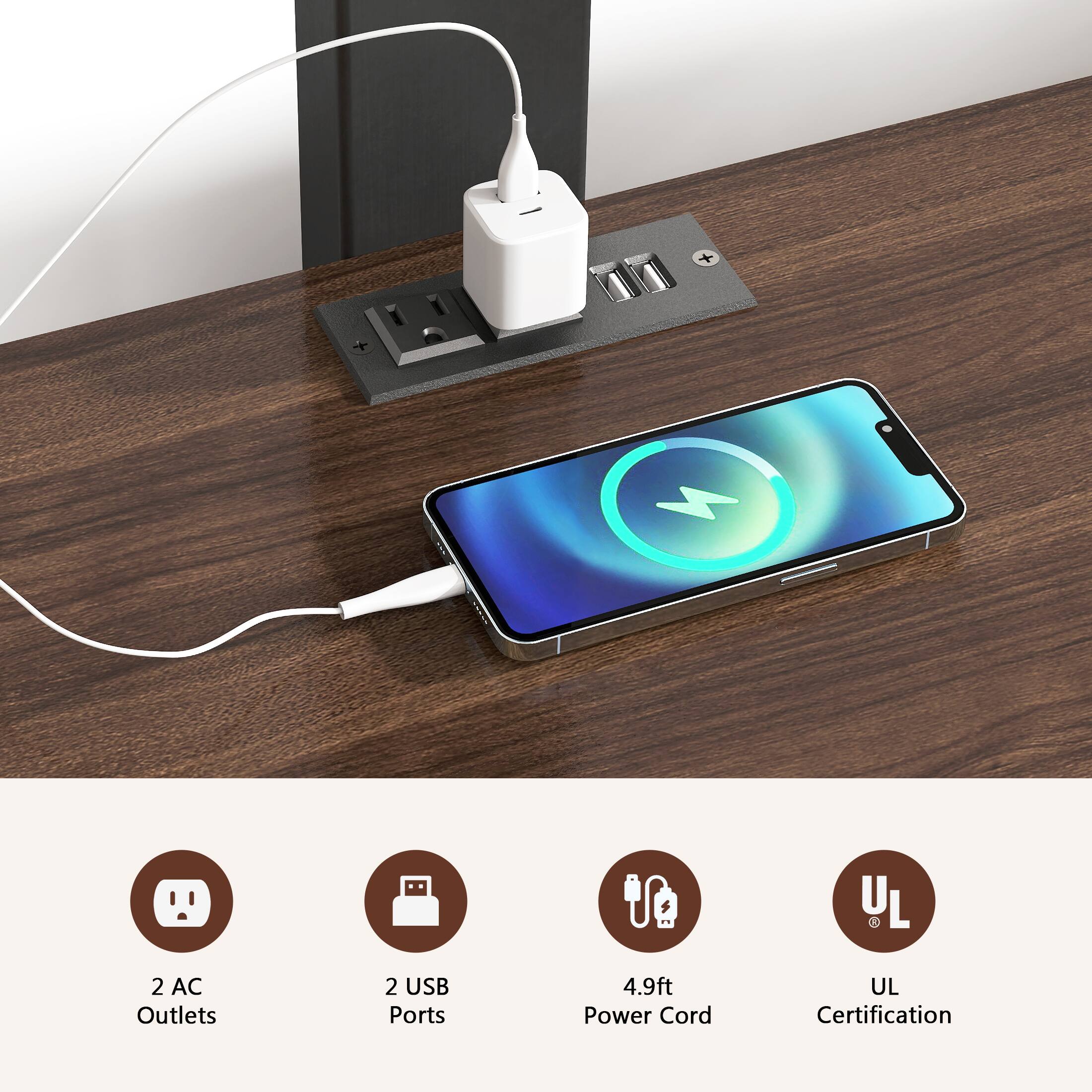 2 AC Outlets, 2 USB Ports, 4.9ft Power Cord, UL Certification