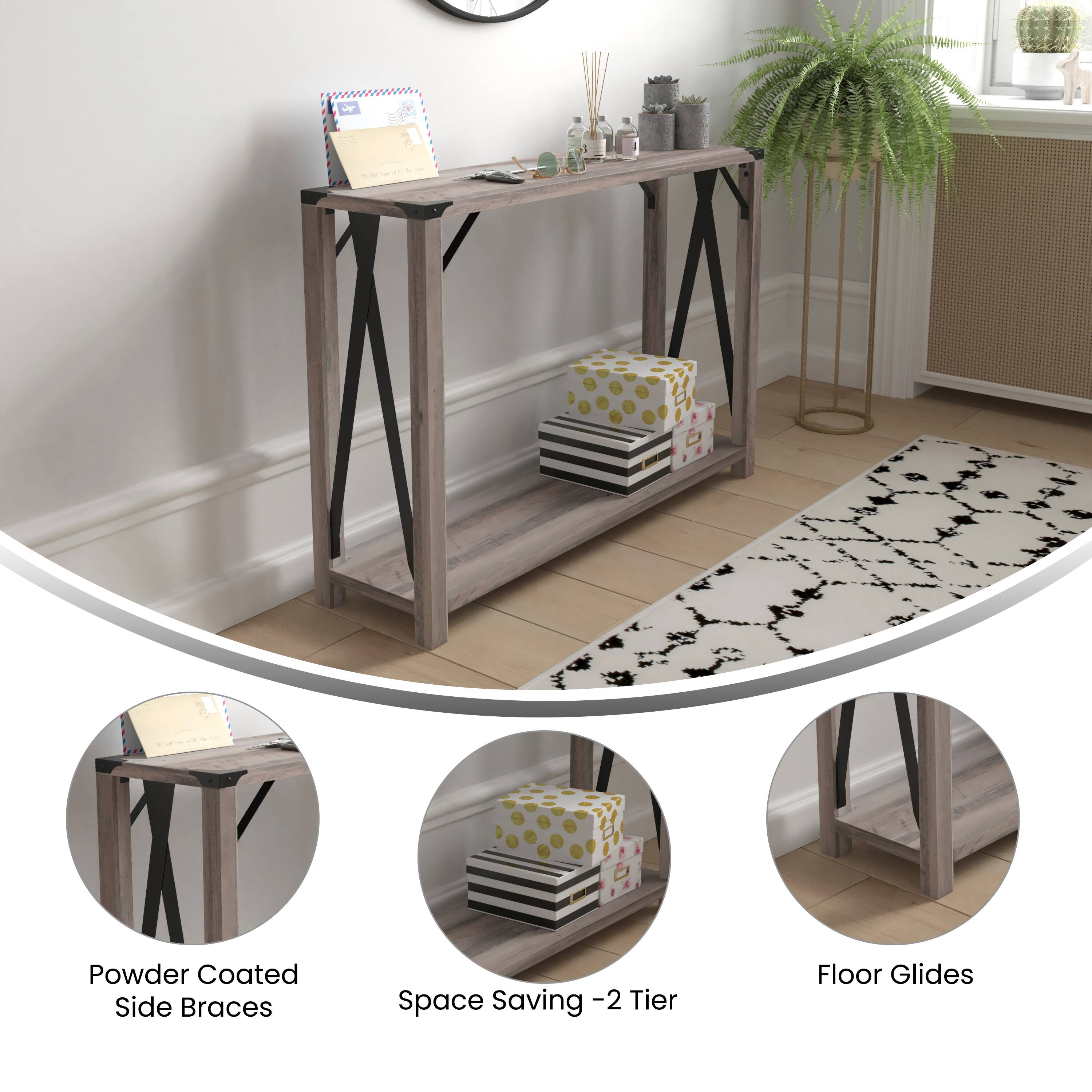 - Powder Coated Side Braces
- Space Saving - 2 Tier
- Floor Glides