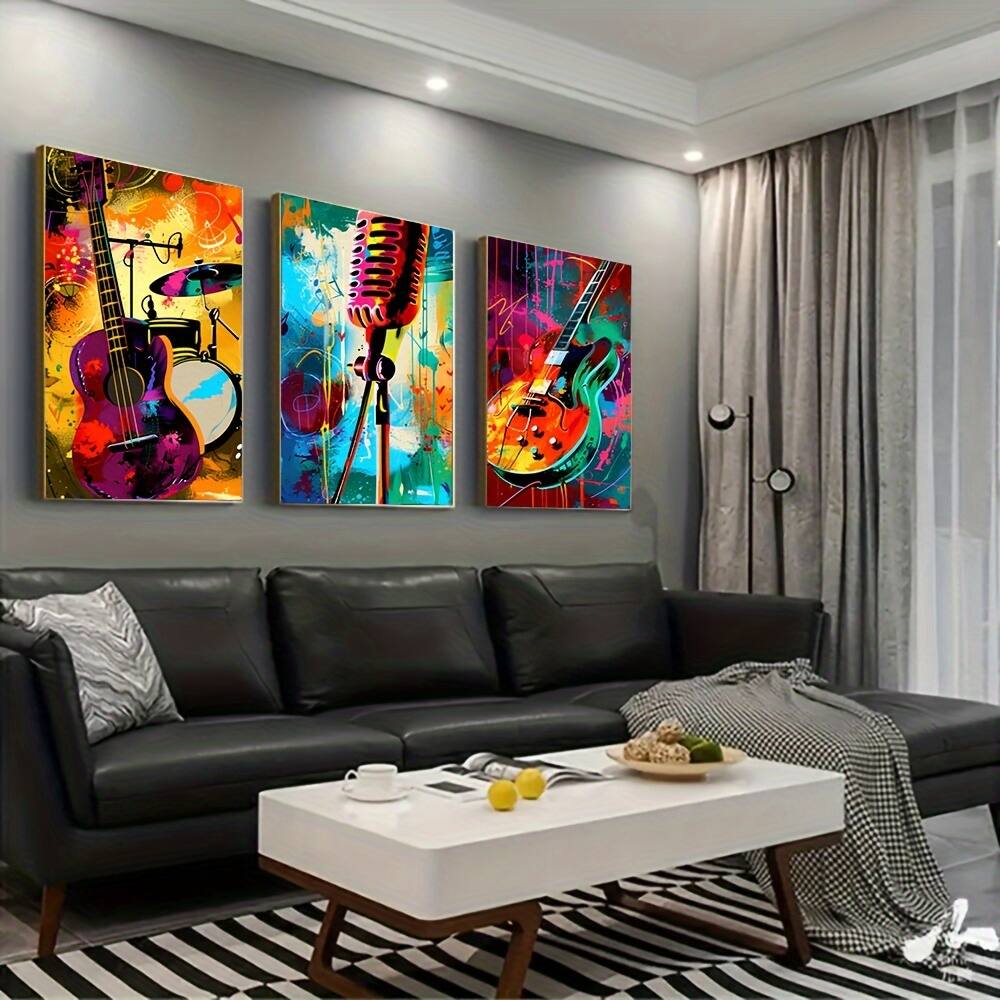 Front. blue - 3pcs Music Lover's Canvas Art Set - Abstract Guitar, Drum & Microphone Posters | Vintage Wall Decor for Bedroom, Living - Color:12*8inch(30*20cm).