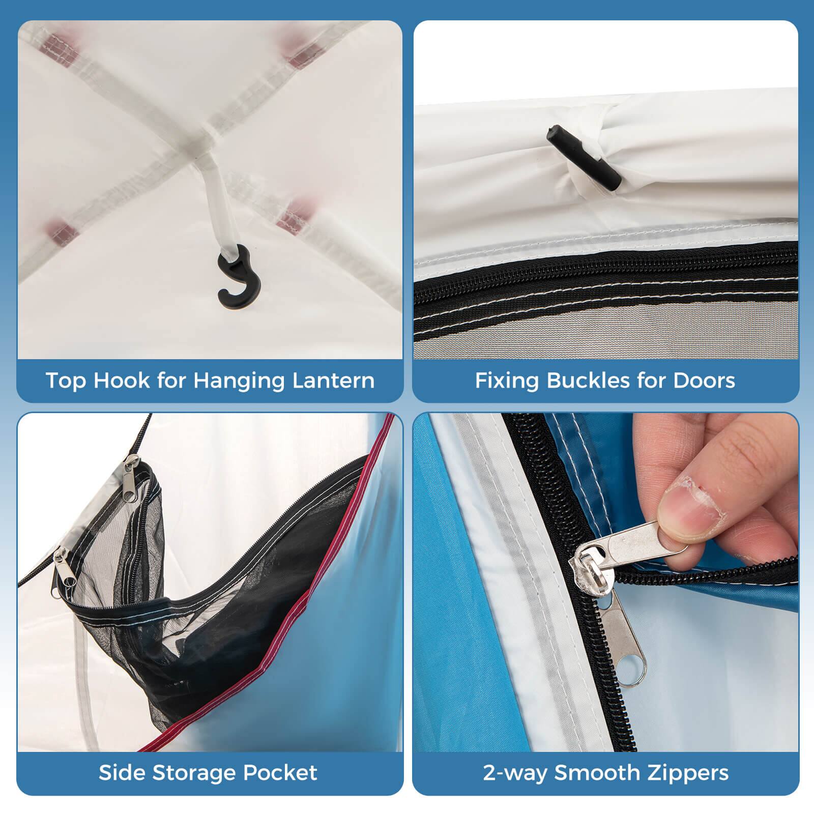 1. Top Hook for Hanging Lantern
2. Fixing Buckles for Doors
3. Side Storage Pocket
4. 2-way Smooth Zippers