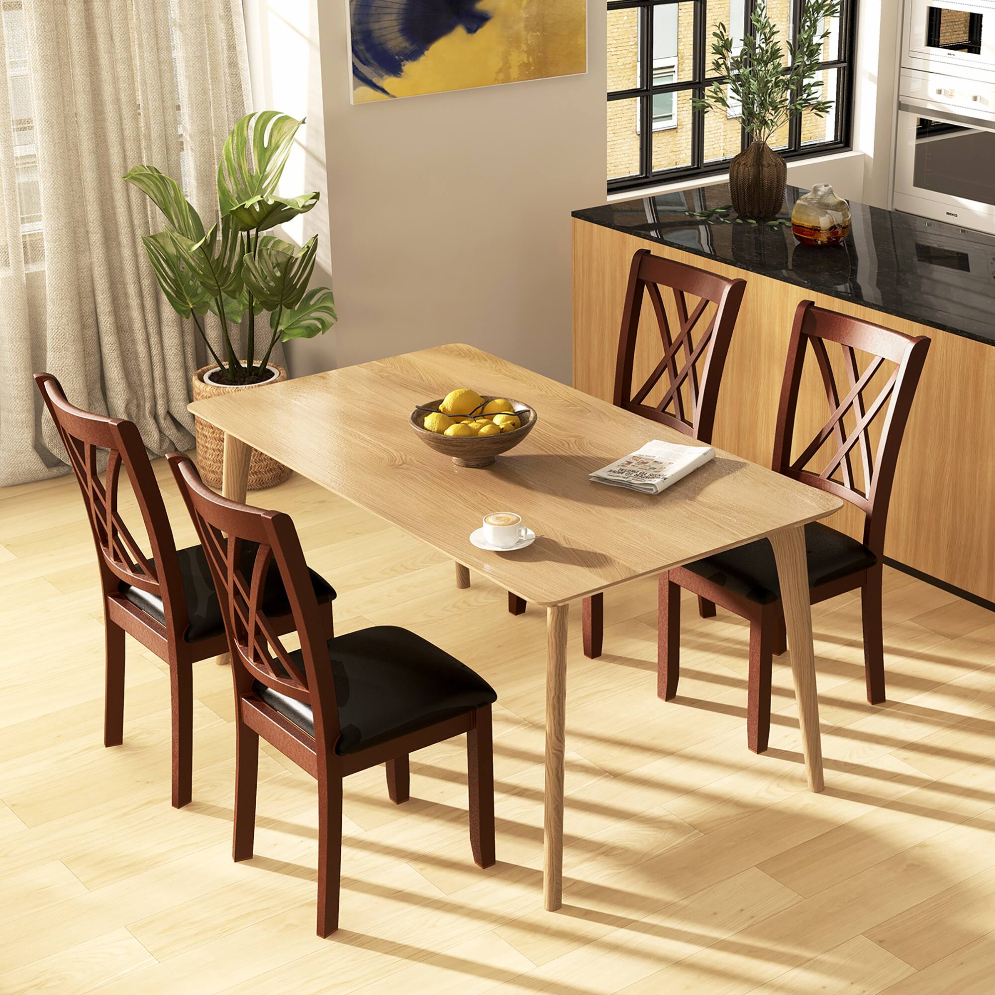 Alt View 1. Gymax - Gymax Set of 4 Dining Chair Kitchen Chair with Backrest Padded Seat & Rubber Wood Legs - Brown, Black.