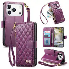 Dteck - Zipper Wallet Case for Apple iPhone 17 Pro Max,PU Leather Flip Cover with Wrist Strap,Magnetic Snap Shockproof Case - Purple