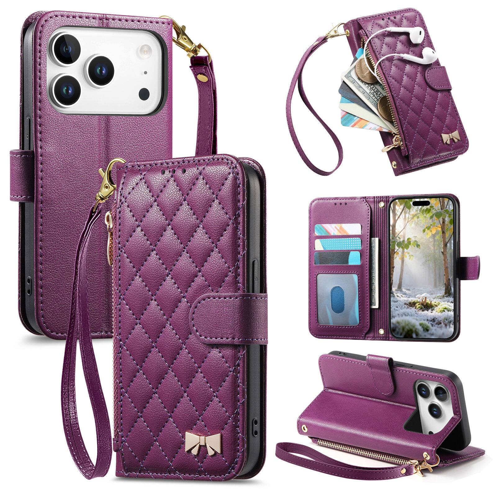 Dteck - Zipper Wallet Case for Apple iPhone 17 Pro Max,PU Leather Flip Cover with Wrist Strap,Magnetic Snap Shockproof Case - Purple