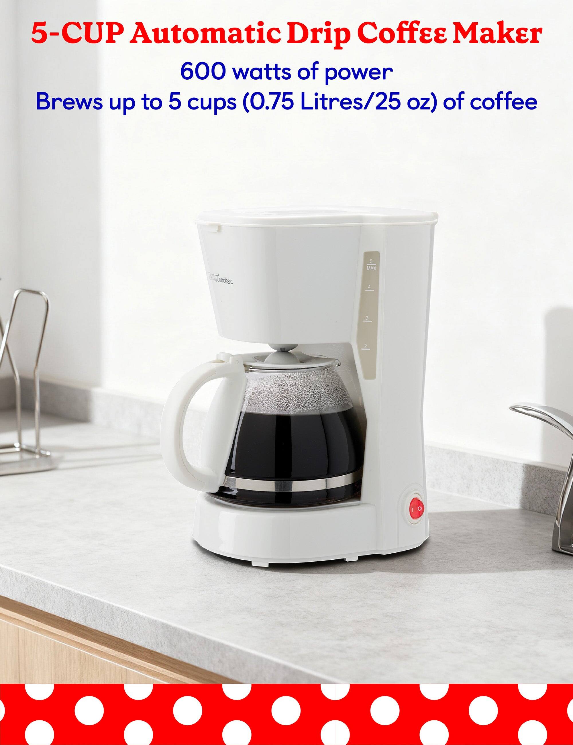 5-CUP Automatic Drip Coffee Maker  
600 watts of power  
Brews up to 5 cups (0.75 Litres/25 oz) of coffee