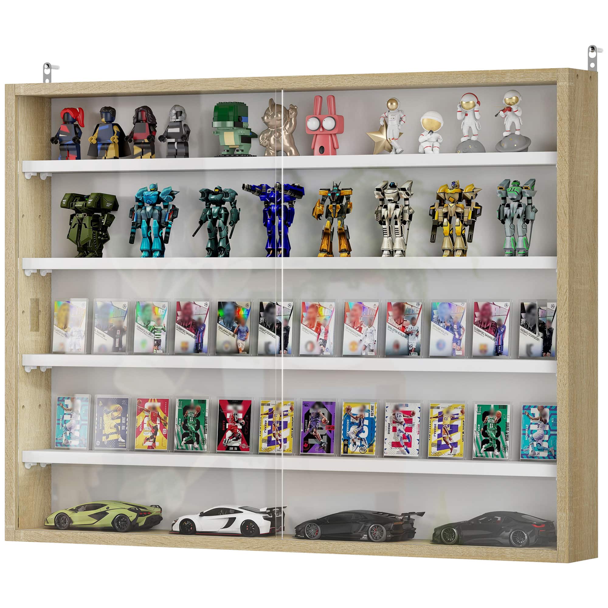 Homcom - 5-Tier Display Cabinet, Wall-Mounted Display Case with 2 Glass Doors and Adjustable Shelves - Oak