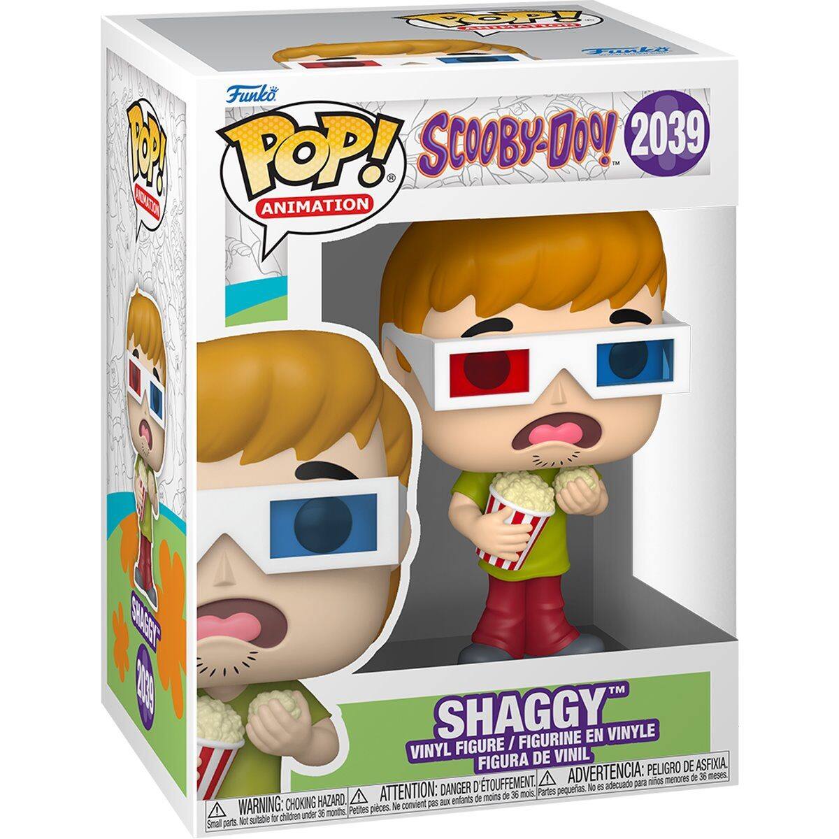 Sure, here is the corrected and grouped text from the image:

---

**Funko**

**POP! ANIMATION**

**Scooby-Doo! 2039**

**SHAGGY**

**VINYL FIGURE / FIGURINE EN VINYLE / FIGURA DE VINIL**

**WARNING: CHOKING HAZARD**  
**ATTENTION: DANGER**  
**ADVERTENCIA: PEIGRO DE ASFIXIA**

**Small parts, not suitable for children under 36 months.**  
**Petites pièces, ne convient pas aux enfants de moins de 36 mois.**  
**Pequeñas piezas, no es adecuado para niños menores de 36 meses.**

---

This text is organized to reflect the information on the packaging, including the brand, series, character, and safety warnings.