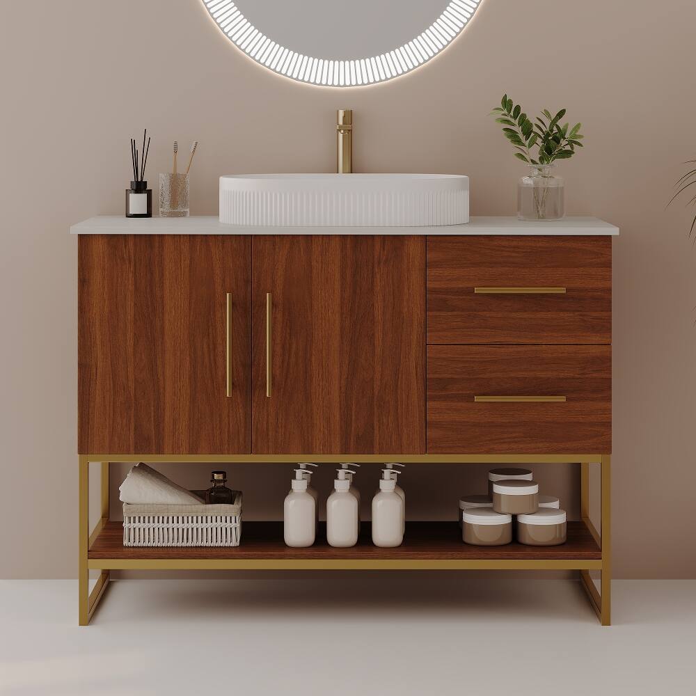 Left. Loheer - Loheer 36 inch Modern Bathroom Vanity Walnut Freestanding Cabinet with Ceramic Vessel Sink - Walnut, Gold, White.