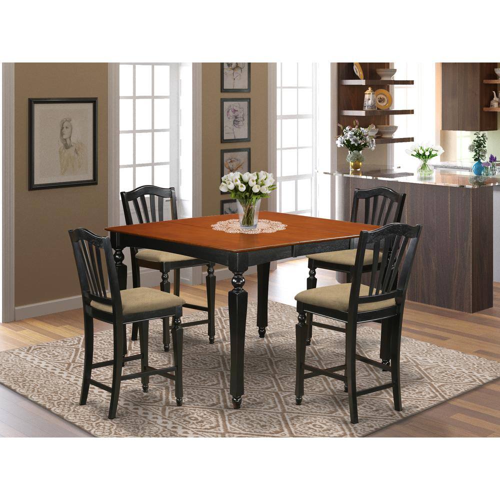 Left. East West Furniture - CHEL5-BLK-C 5 Pc counter height set- Square gathering Table and 4 counter height Chairs - Black & Cherry.