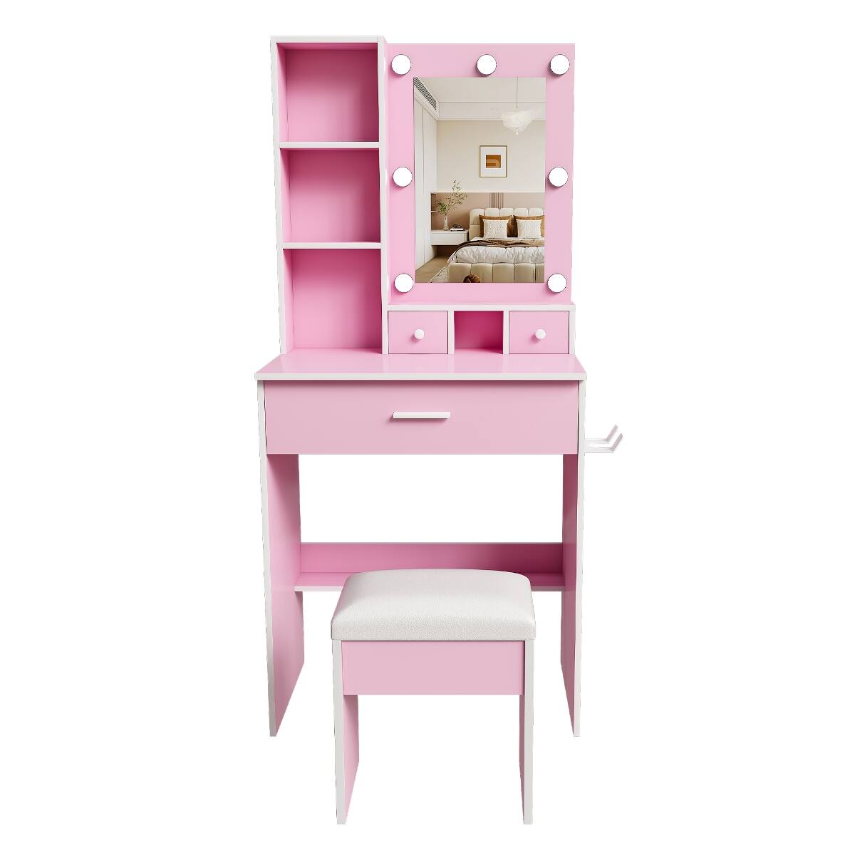 Alt View 1. Loheer - Loheer Makeup Vanity with Adjustable LED Lights, Mirror and Stool for Small Bedrooms, Pink - Pink.