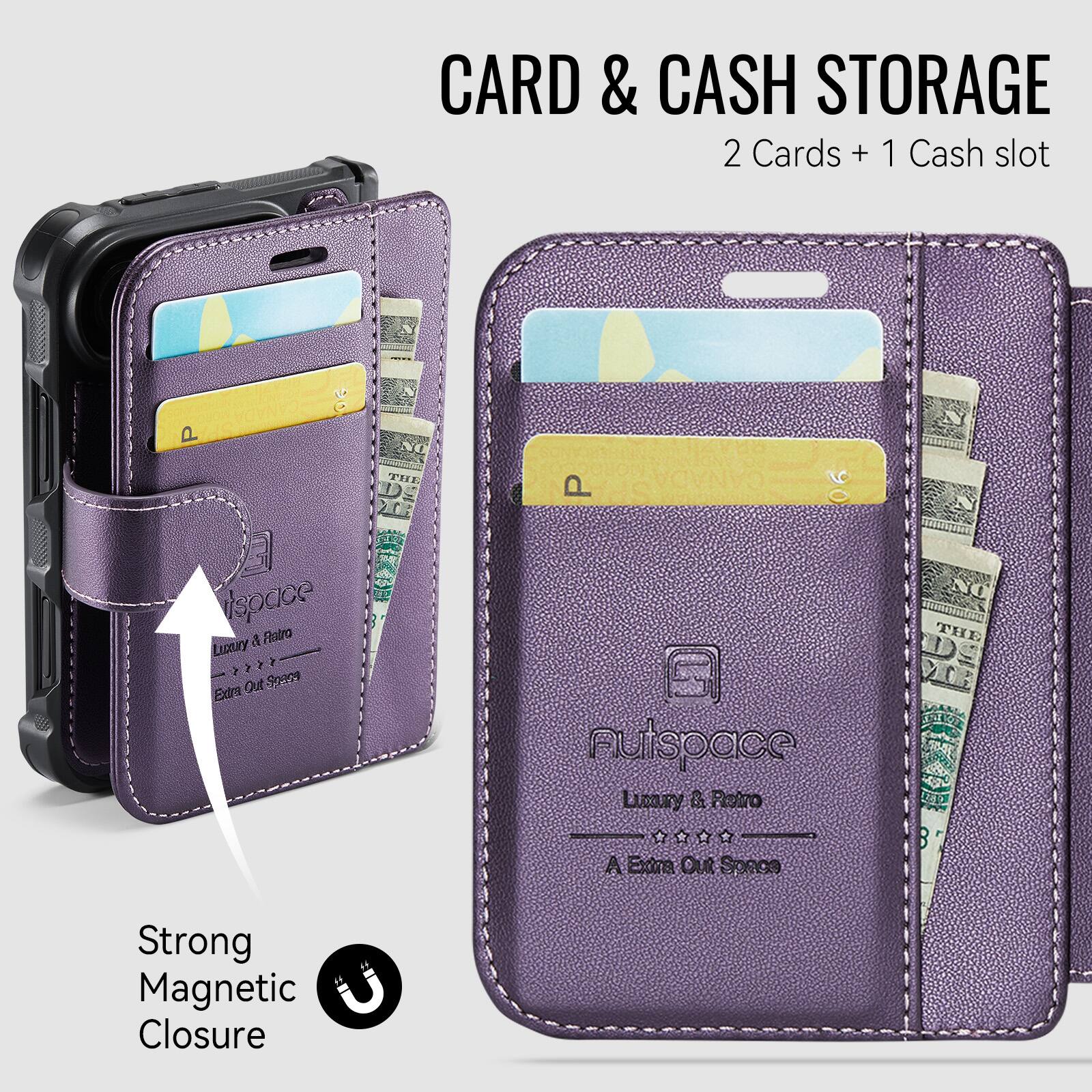 CARD & CASH STORAGE  
2 Cards + 1 Cash slot  

THE  
CANADAY  
Ispace & Licary Out Space Extra  
Futspace Lunny & Potro  
NO THE  
A Extra Out Sonce  
Strong Magnetic Closure