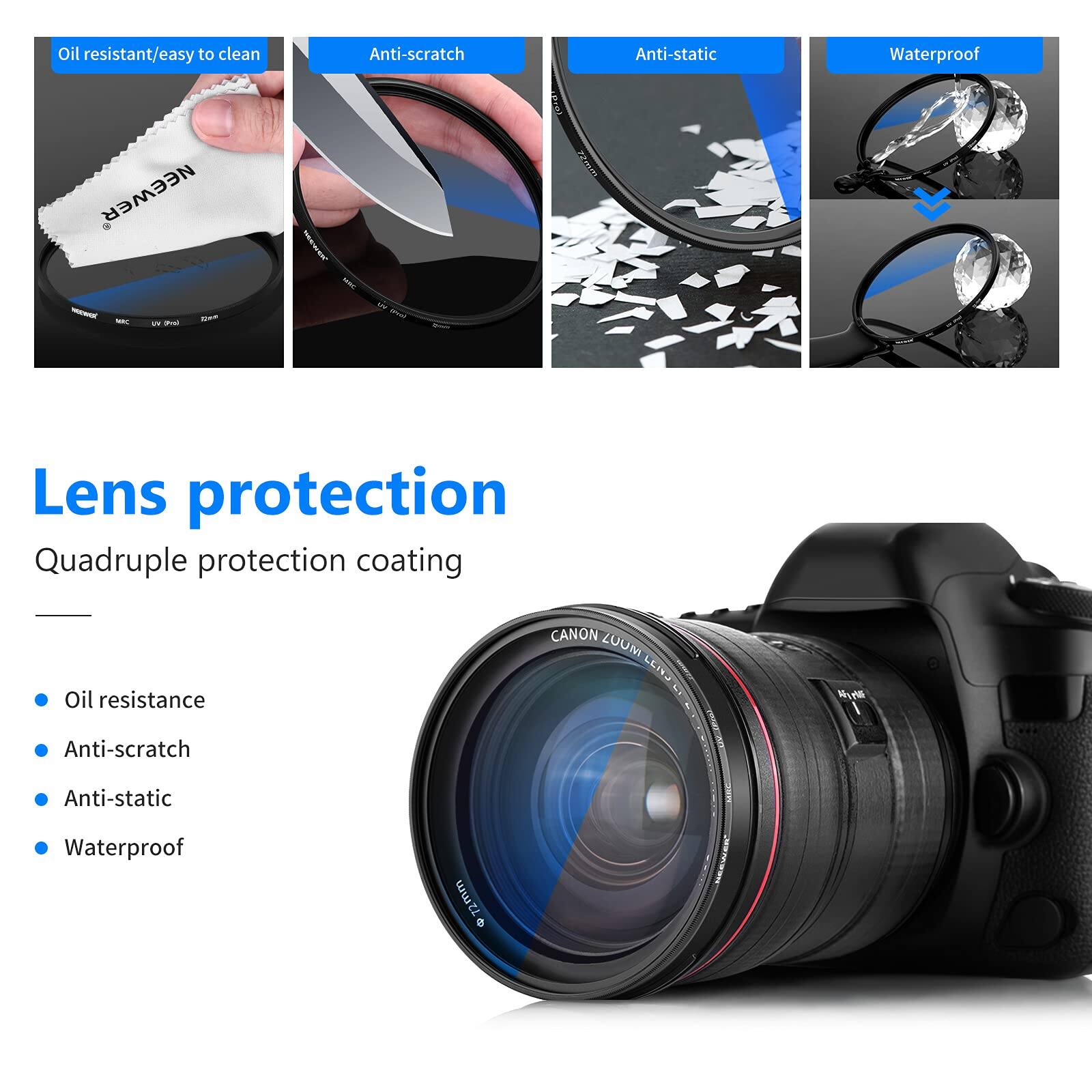 Oil resistant/easy to clean  
Anti-scratch  
Anti-static  
Waterproof  

NEEWER 22mm  

Lens protection  
Quadruple protection coating  

- Oil resistance  
- Anti-scratch  
- Anti-static  
- Waterproof  

CANON ZUUM C  
CE I M  

wwtl