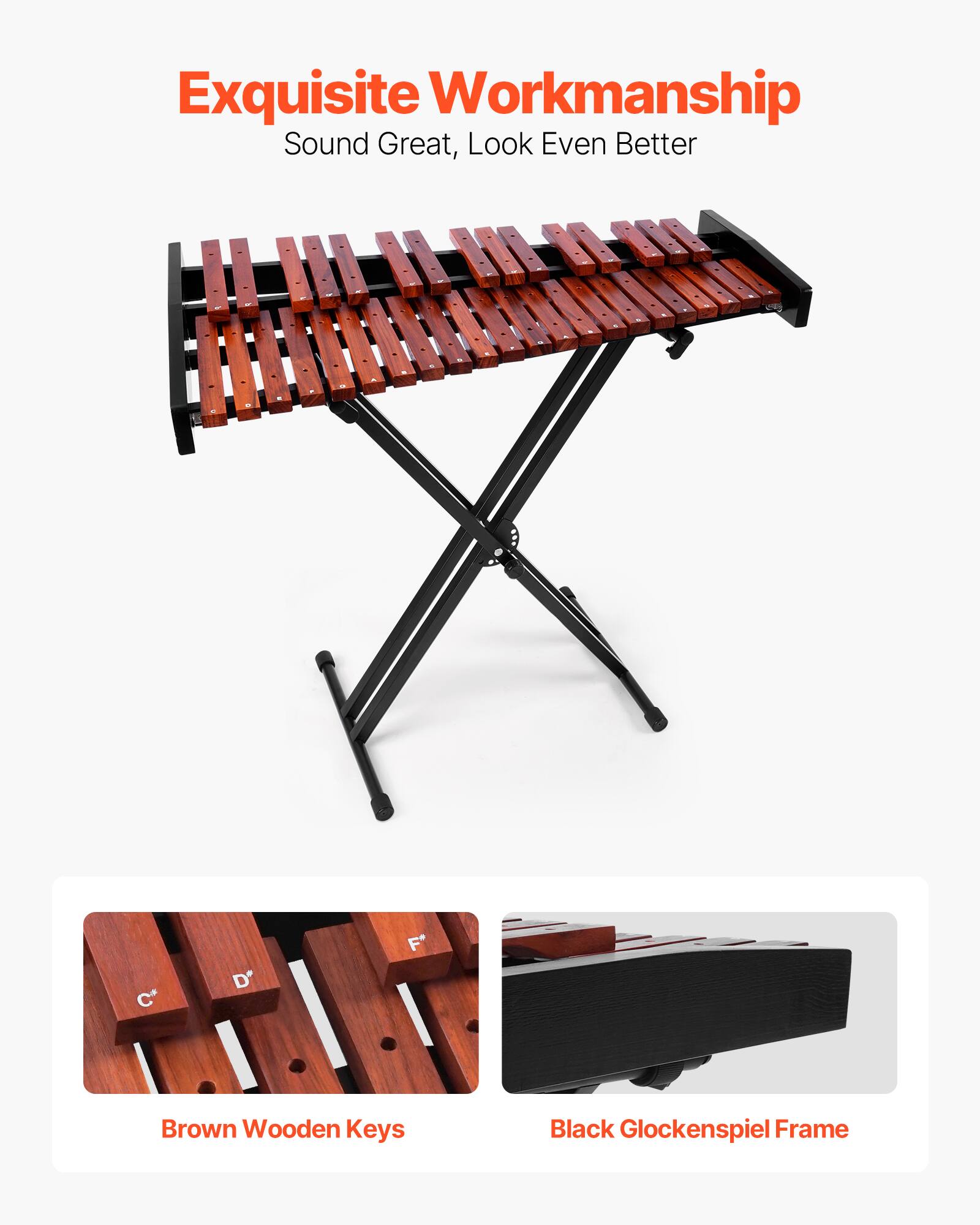 Exquisite Workmanship  
Sound Great, Look Even Better  

Brown Wooden Keys  
Black Glockenspiel Frame