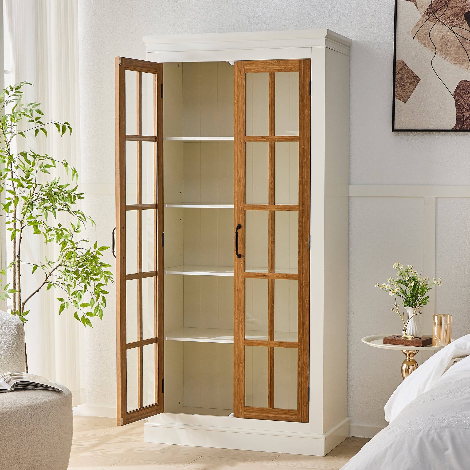 Alt View 3. Boyel Living - Seventy One Point Two Inch Freestanding Pantry Cabinet with Glass Doors Farmhouse Display Storage Cabinet - Brown,Cream White.