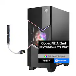 MSI - Codex R2 AI 2nd Desktop PC (Ultra 7-265, 32GB, 2TB SSD, GeForce RTX 5060 Ti, RGB KB, Win 11 Home) w/USB Hub - Black