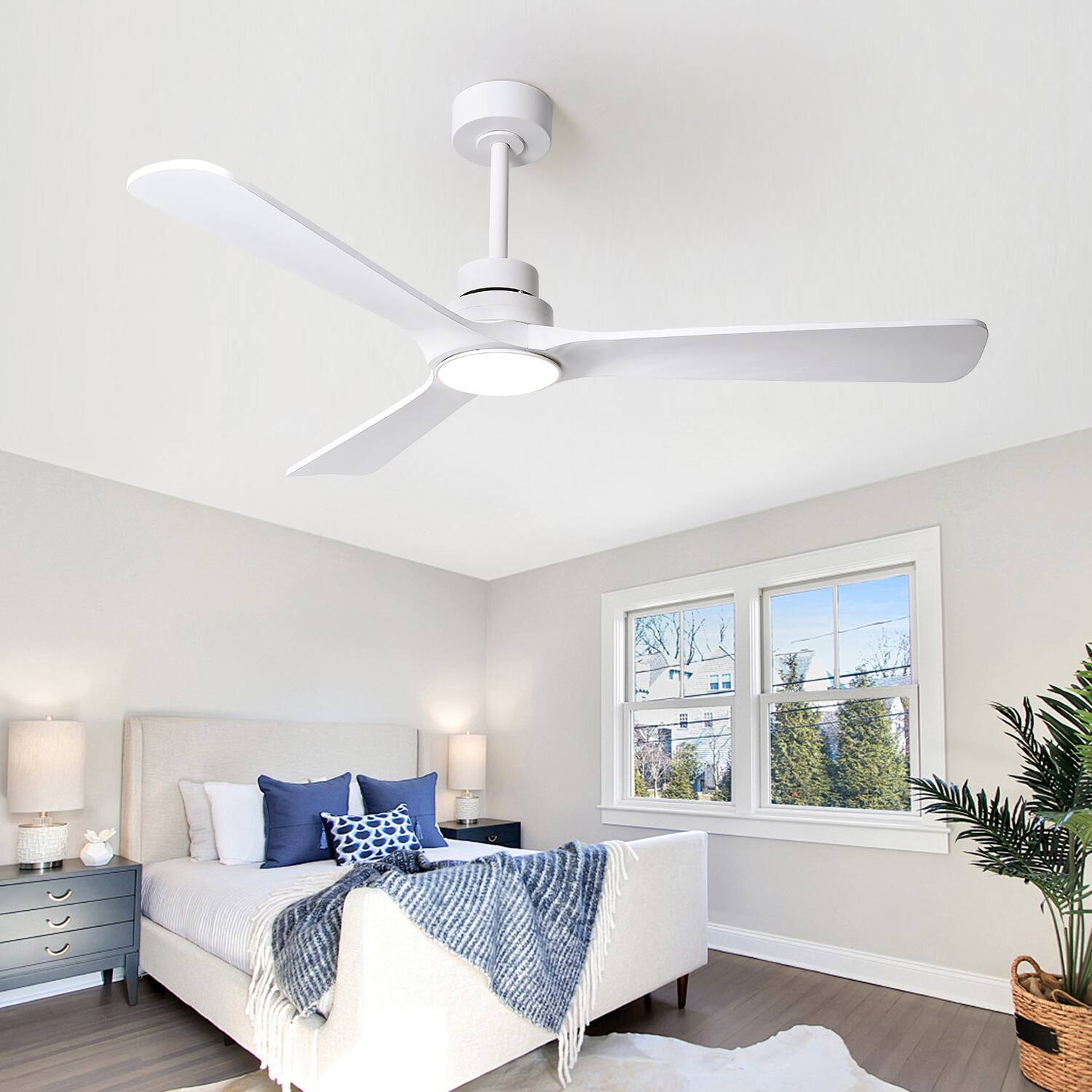 Alt View 4. Domanki - 52" Wood Ceiling Fan with Light, 6-Speed Ceiling Fan, 3 Blades White Ceiling Fans for Bedroom/Living Room/Kitchen - White.