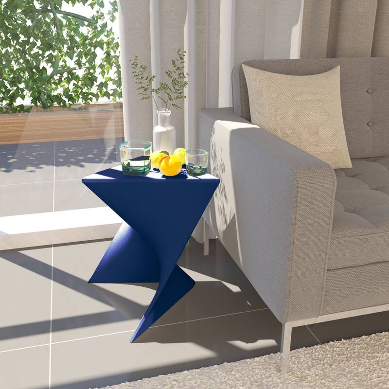 Angle. LeisureMod - Randolph 15.75" Stackable Side Table, Weather-Resistant Triangular Plastic Accent End Table for Living Room or Backyard - Navy Blue.
