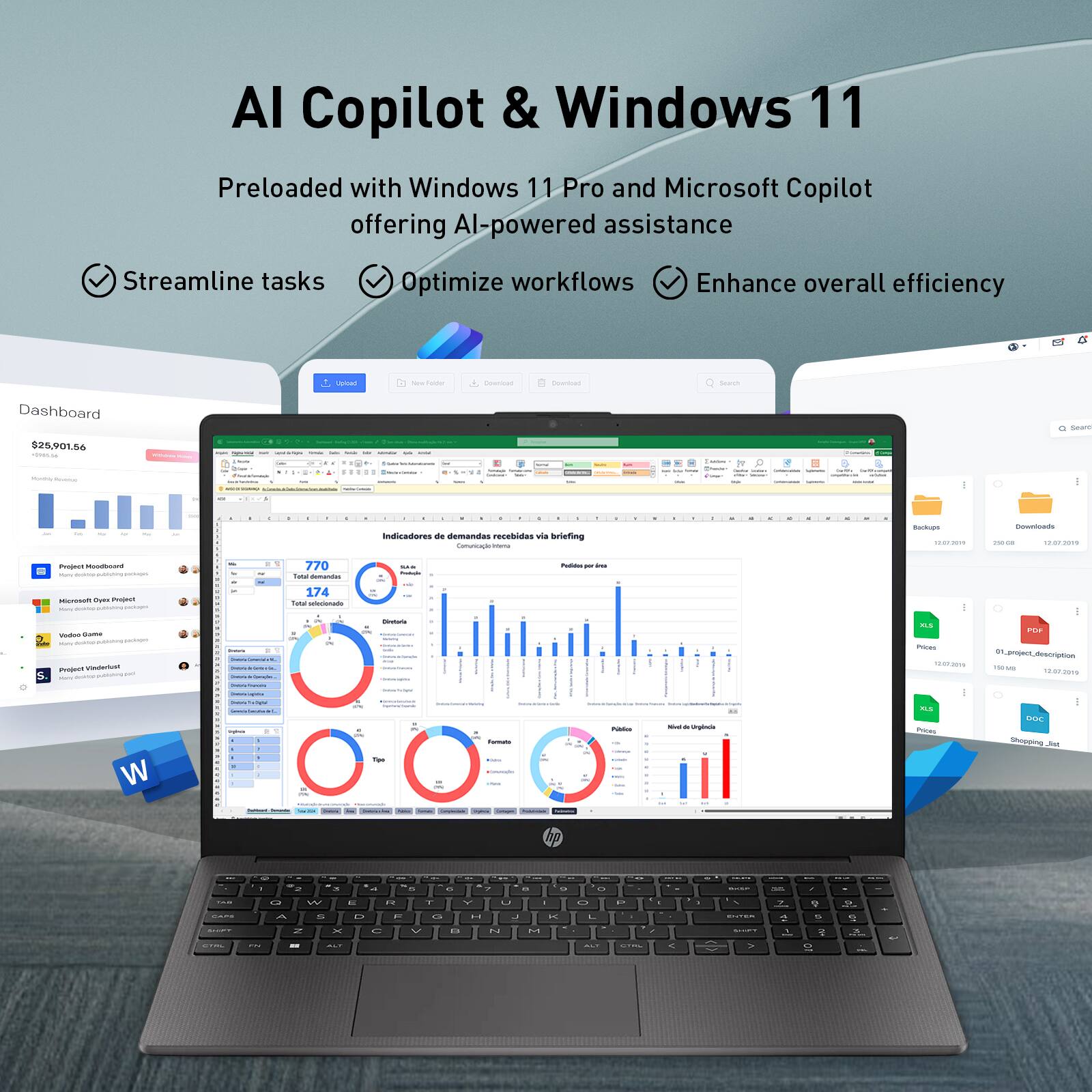 AI Copilot & Windows 11

Preloaded with Windows 11 Pro and Microsoft Copilot offering AI-powered assistance

- Streamline tasks
- Optimize workflows
- Enhance overall efficiency

Dashboard: $25,901.56

Indicadores de demandas recebidas dia

- 770
- 174
- 1

ms CI
- nothing
- thema
- 1820
- ms dOr
- Sogyring