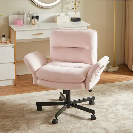 Front. Bestier - Criss Cross Office Chair with Flip-Up Arms, Swivel Wheels & Thick Cushion - Home Office, Vanity & Bedroom Chair - Pink Suede.