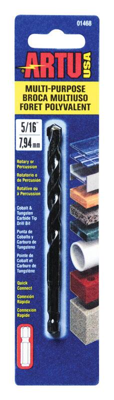 01468 ARTU USA MULTI-PURPOSE BROCA MULTIUSO FORET POLYVALENT  
5/16" 7.94 mm  
Rotary or Percussion Rotatorio o de Percusión Rotative ou à Percussion  
Cobalt & Tungsten Carbide Tip Drill Bit Punta de Cobalto y Carburo de Tungsteno Pointe de Cobalt et Carbure de Tungstène  
Quick Connect Conexión Rápida Connexion Rapide