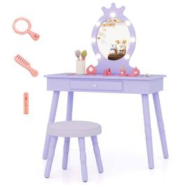 Costway - Kids Vanity Set Princess Vanity Table & Chair Set with Lighted Mirror - Purple