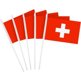 G128 - 50-Pack Handheld Switzerland Stick Flags, 4" x 6", 150D Polyester, Plastic Pole with White Spear Tip - Assorted Colors