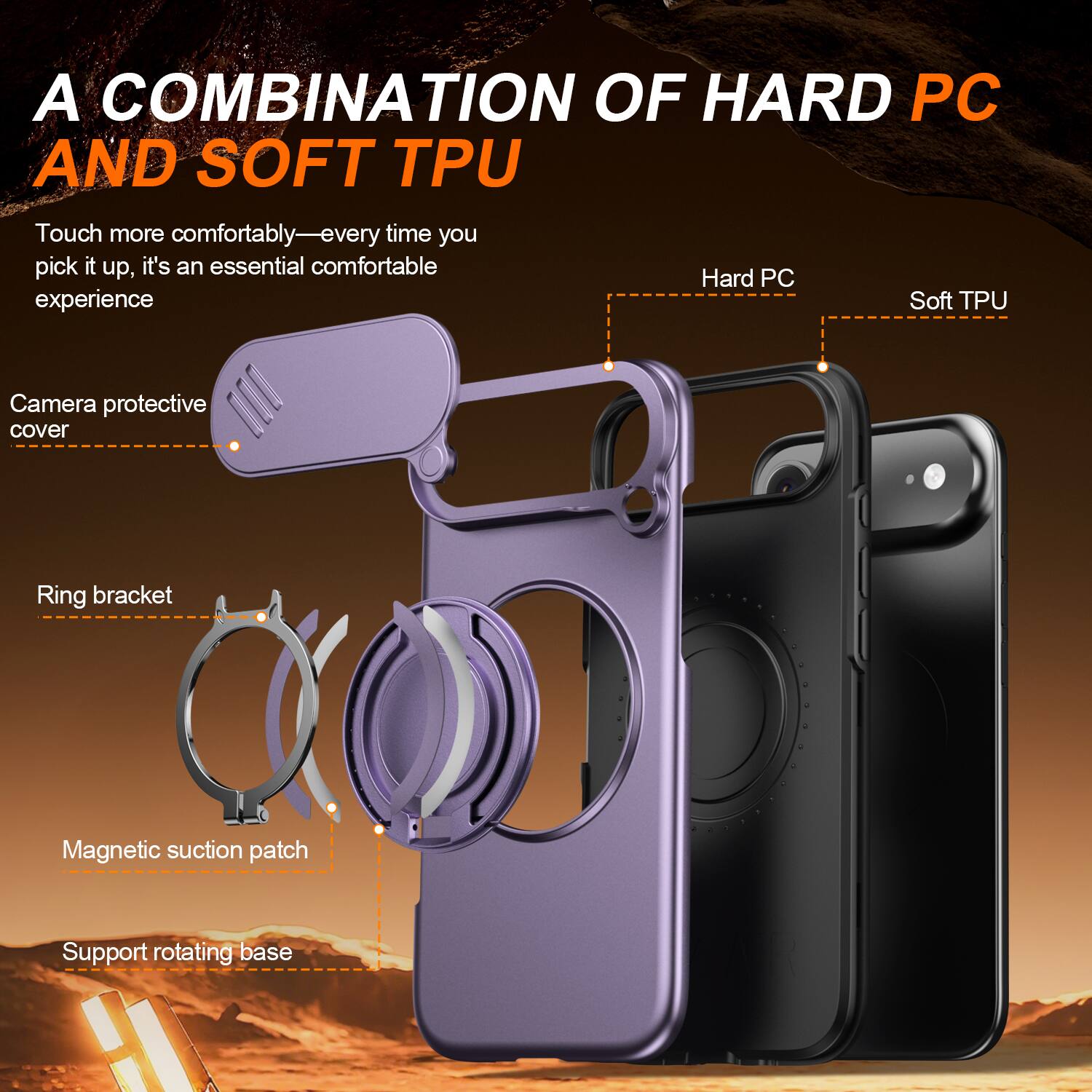 A COMBINATION OF HARD PC AND SOFT TPU

Touch more comfortably—every time you pick it up, it's an essential comfortable experience

Camera protective cover
Ring bracket
Magnetic suction patch
Support rotating base