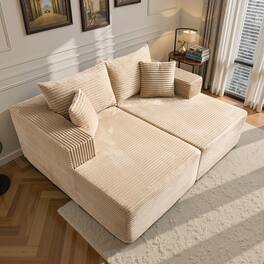 Ovios - 75" Double Chaise Lounge, Extra Large Sofa Bed, Plush Corduroy Sleeper Bed - Beige