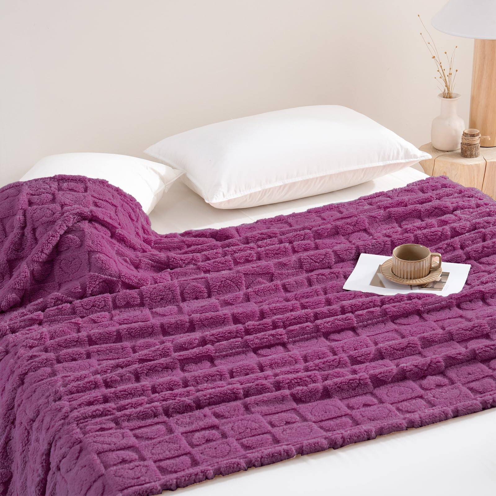 Back. Pacoar Cade - Super Soft Blanket With Heart Checkered Silky Flannel Fleece 3d Jacquard Decorative Fuzzy Blankets For Women And ( - Purple-60"x80".