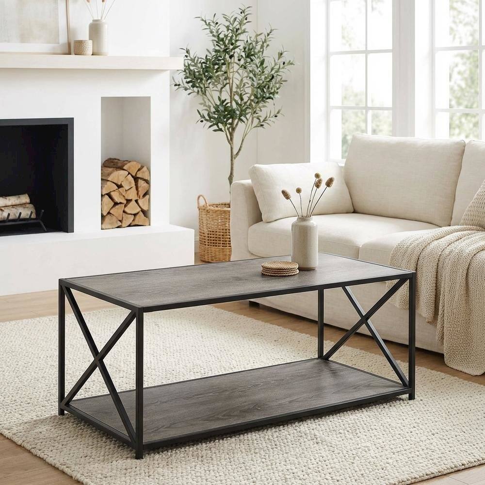 Back. FurniFact - Weathered Gray Coffee Table with Particle Board Top and Sturdy Base Design - Weathered Gray.