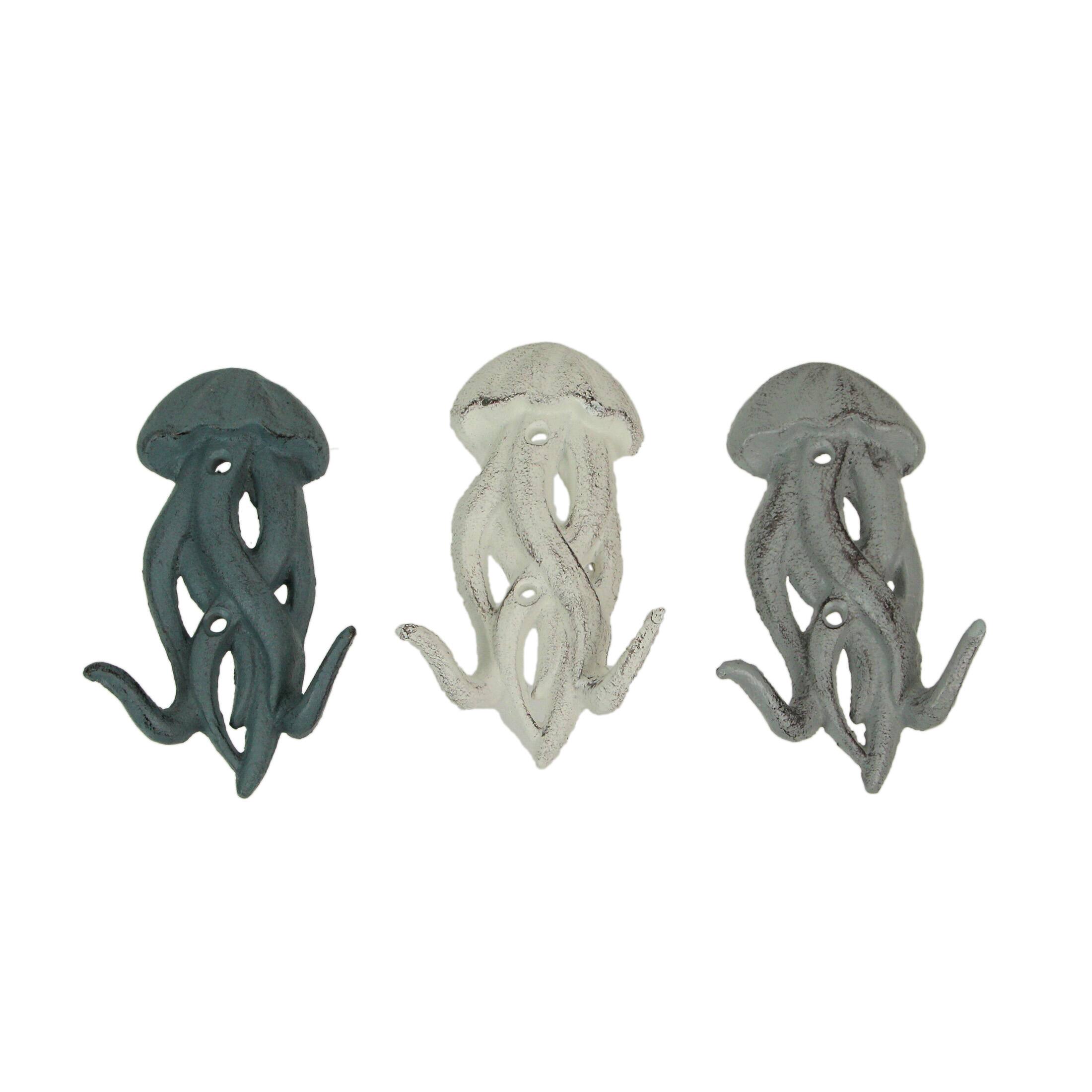 Alt View 1. Zeckos - Set of 3 Cast Iron Jellyfish Wall Hooks 5 Inches High - Blue , Gray, White - Multicolored.