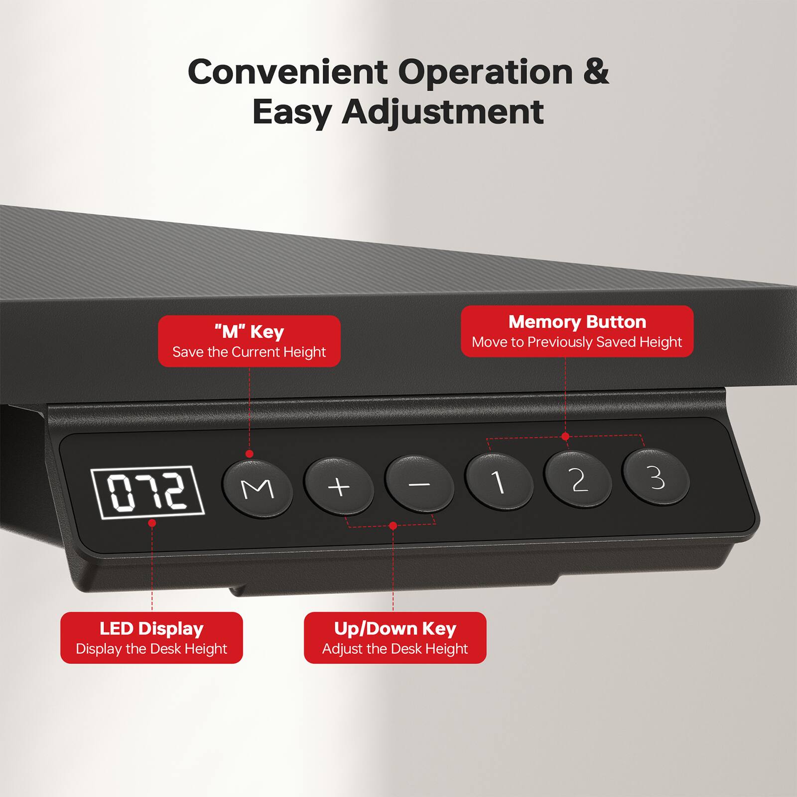 Convenient Operation & Easy Adjustment

"M" Key Save the Current Height
Memory Button Move to Previously Saved Height
LED Display Display the Desk Height
Up/Down Key Adjust the Desk Height