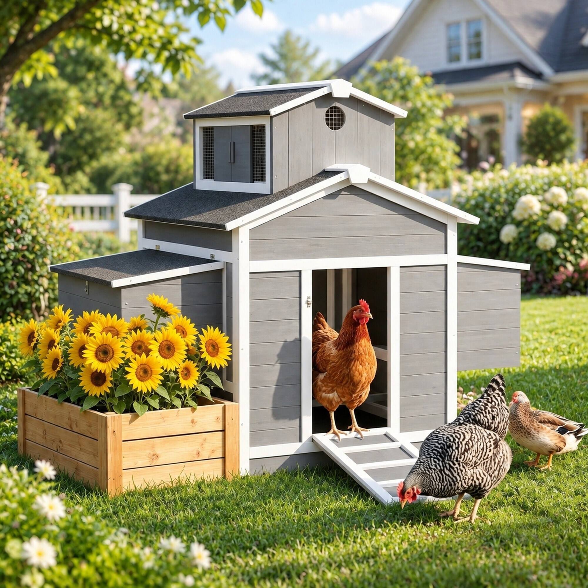 Left. RYHNUYNE - Wooden Chicken Coop for 2 Hens, Fir Wood, Wire Mesh, 53.1 in L x 37 in W x 43.9 in H, Gray and White.