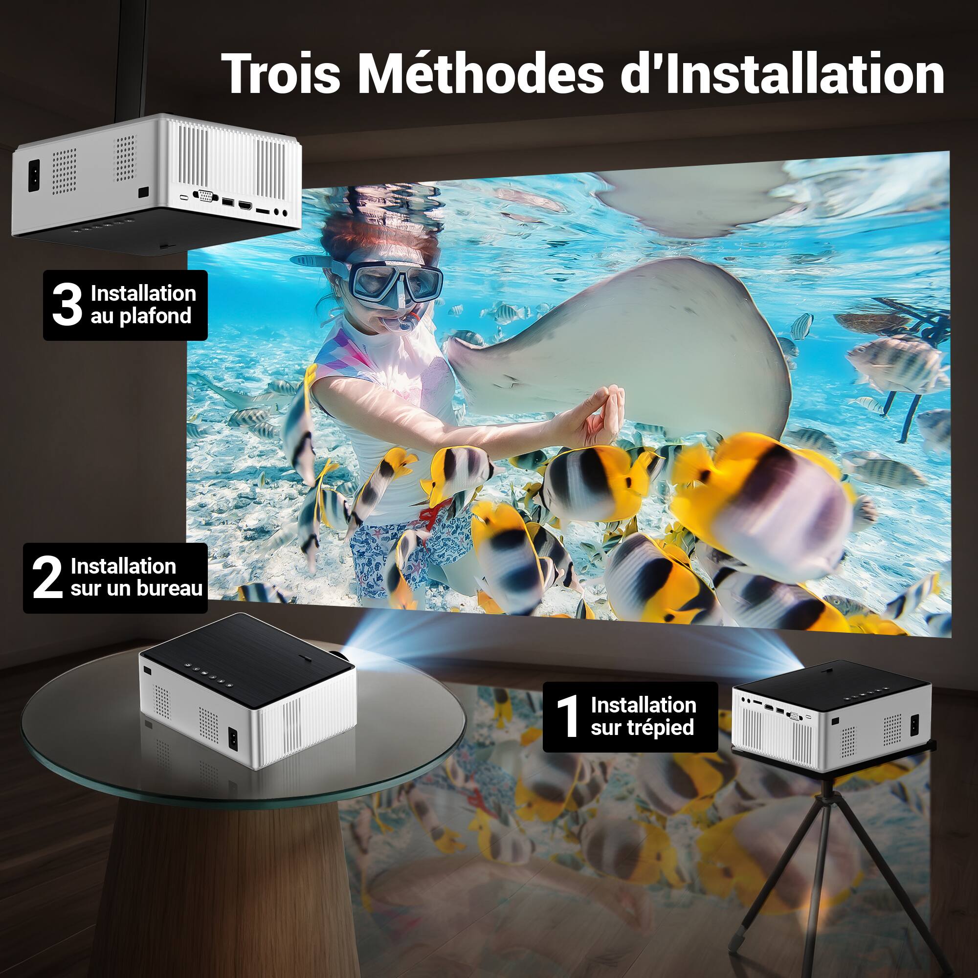 Trois Méthodes d'Installation

Installation 3 au plafond
Installation 2 sur un bureau
Installation 1 sur trépied