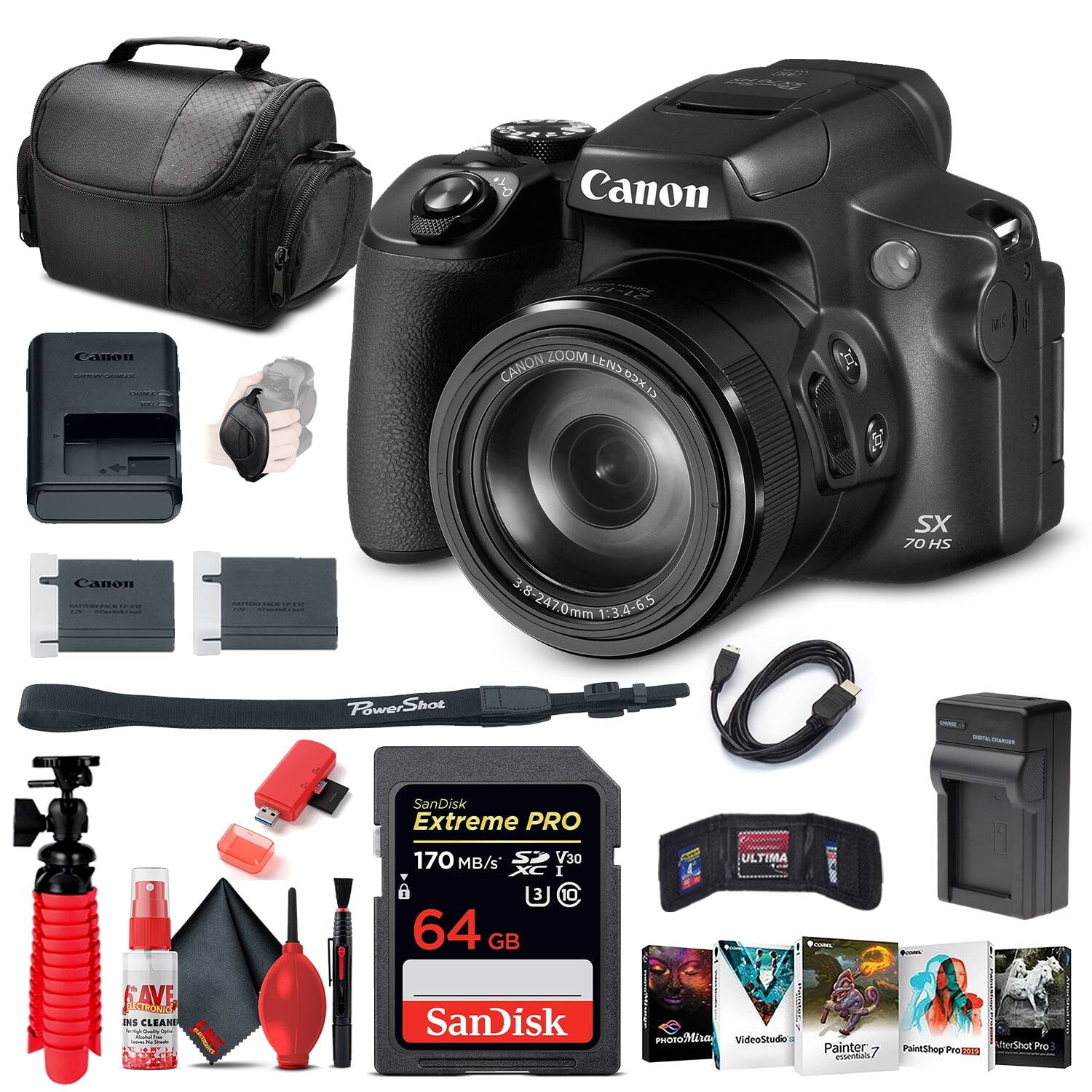 Canon ZOOM LENS 15-470mm 1:3.4-6.5  
Canon PowerShot SX 70 HS  
Canon Lens Box  
Canon Battery Pack LP-E12  
Canon Battery Charger CB-2LH  
SanDisk Extreme PRO 64 GB 170 MB/s V30 XC I  
SanDisk Ultra 64 GB  
Ultima Lens Cleaner  
SanDisk oriforom  
Videostudio  
Painter  
PaintShop Pro  
PhotoMiracle  
AfterShot Pro