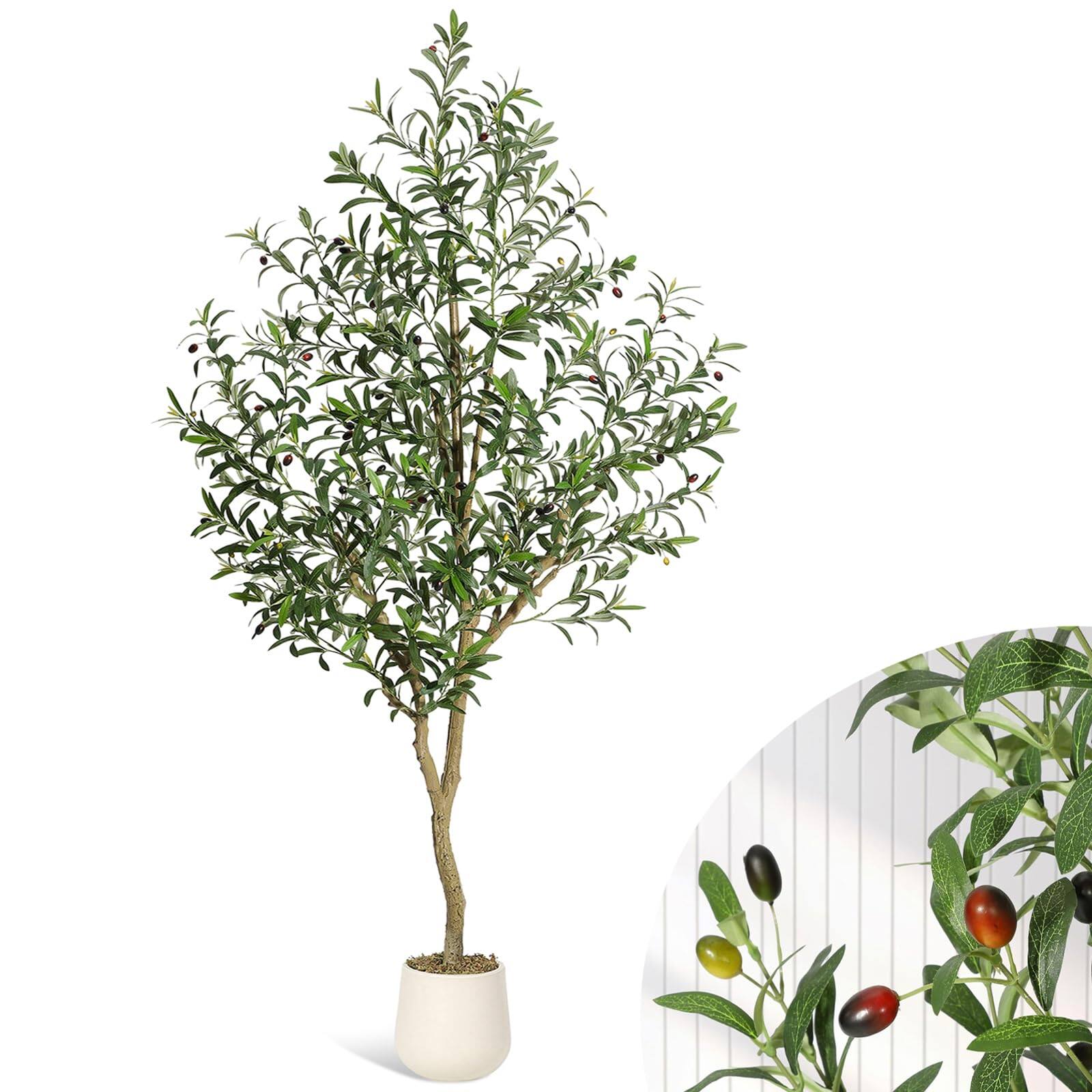 Front. Homhougo - 6FT Faux Olive Tree Tall,Olive Trees Artificia Indoor with White Planter - Green.