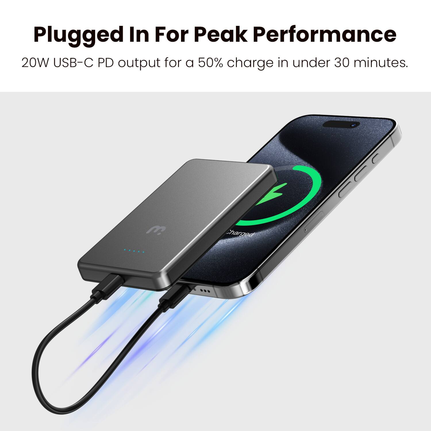 Plugged In For Peak Performance  
20W USB-C PD output for a 50% charge in under 30 minutes.