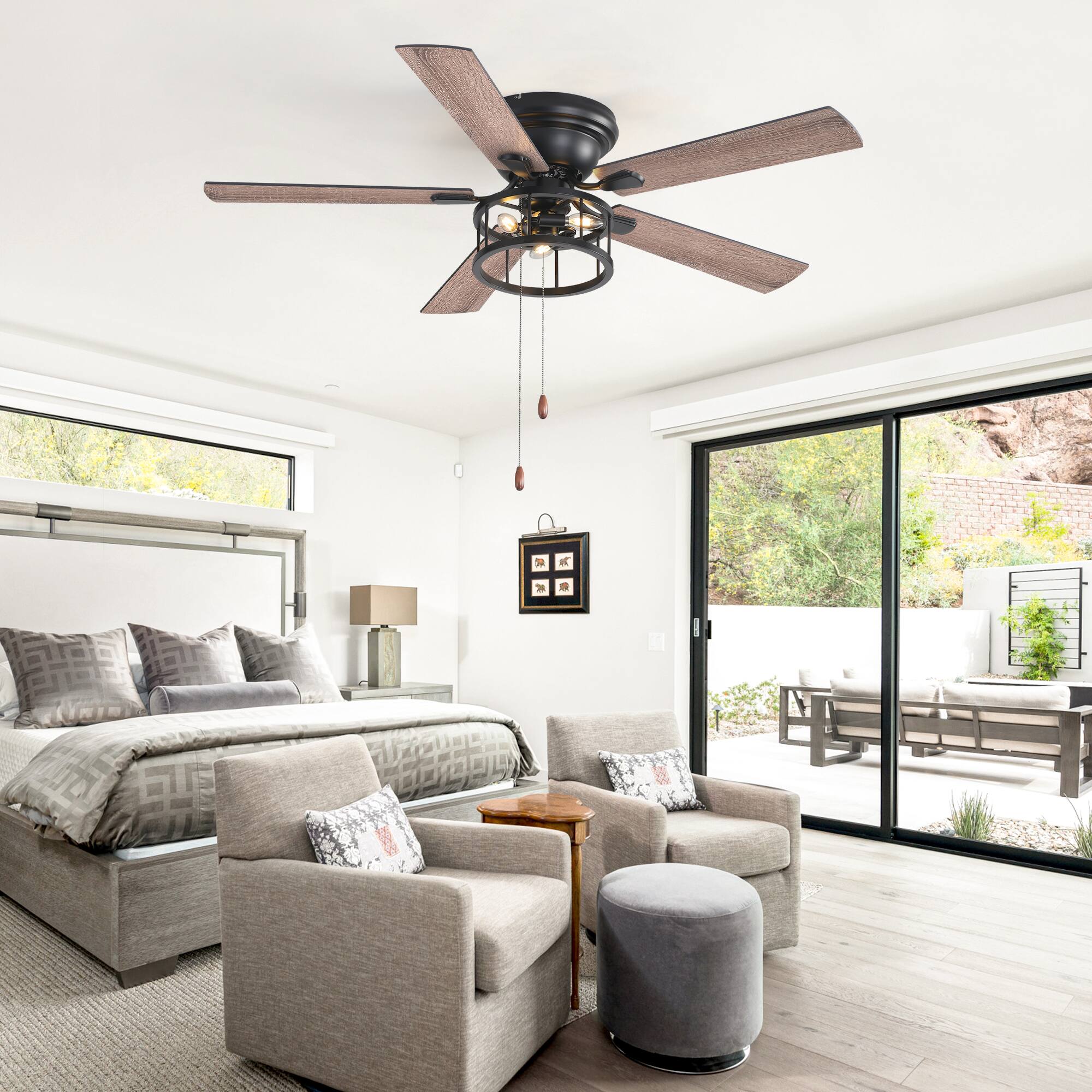 Left. Breezary - 52-In Indoor Flush Mount Ceiling Fan with Light Kit, 5 Dual-Tone Plywood Blades, Reversible Motor, Remote/Chain Control - Dual Wood Grain + Pull Chain Control.