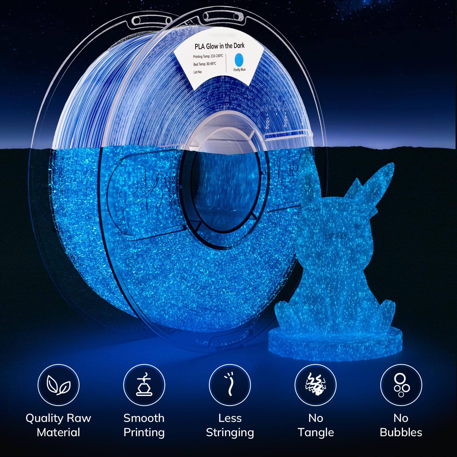 PLA Glow in the Dark  
Printing Temp: 210-230°C  
Bed Temp: 40-60°C  

Quality Raw Material  
Smooth Printing  
Less Stringing  
No Tangle  
No Bubbles