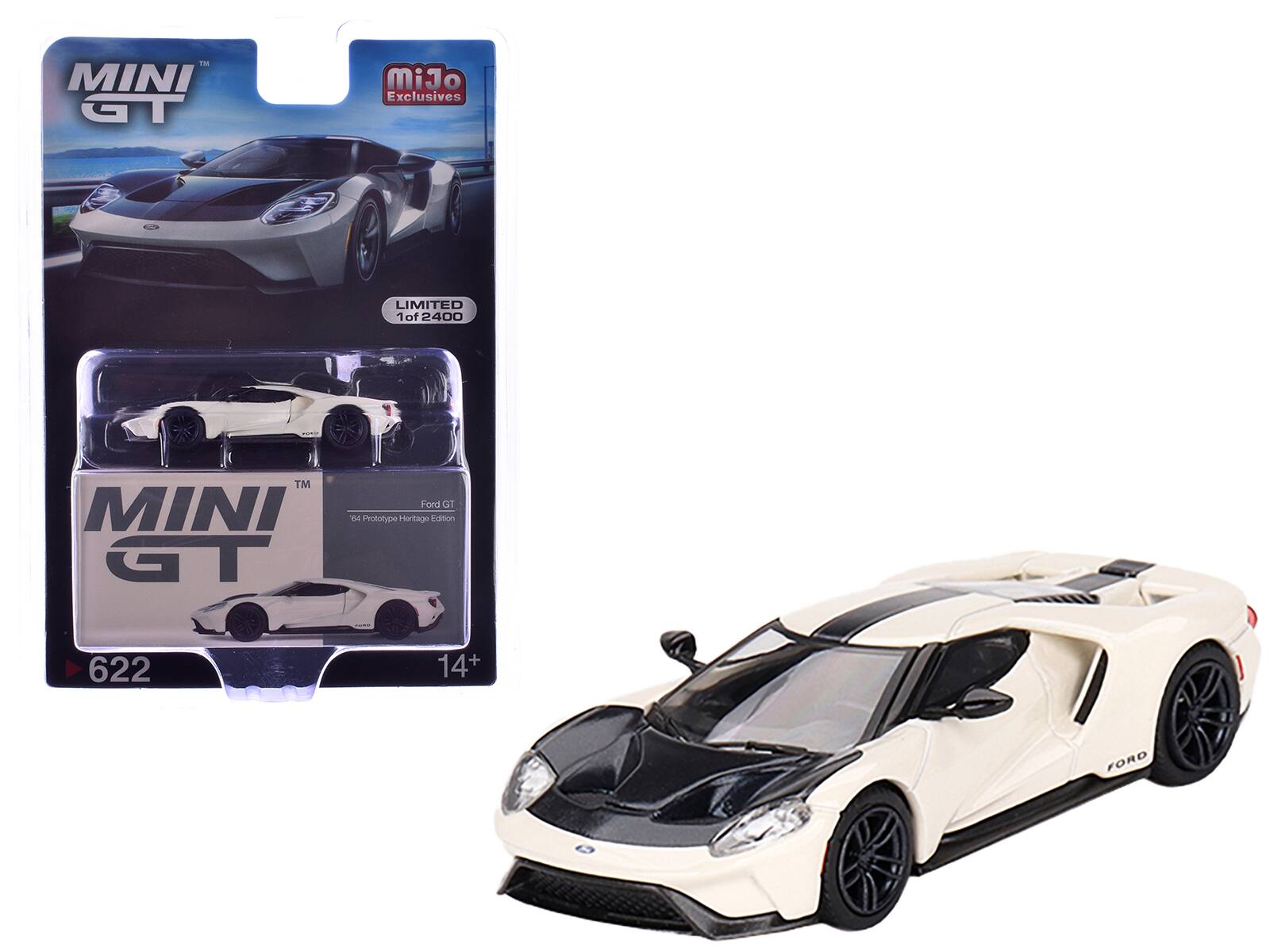 Mini GT - Ford GT 1964 Prototype Heritage Edition Wimbledon White Black Hood Stripe Limited Edition 2400 pcs 1/64 - White And Black
