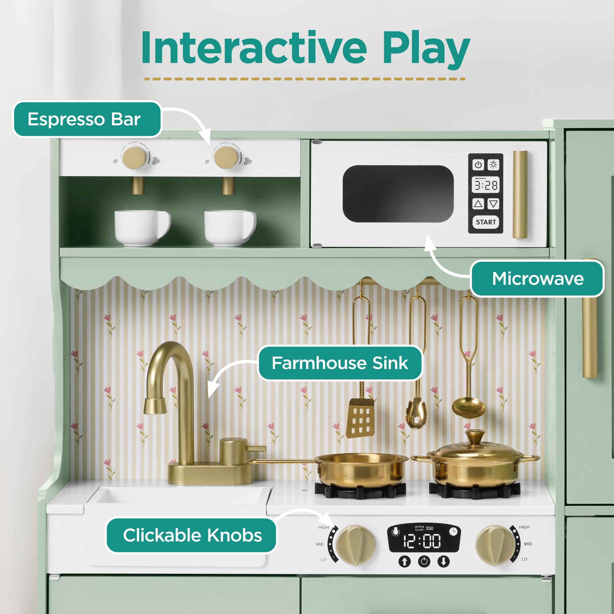 Interactive Play  
Espresso Bar  
Microwave  
Farmhouse Sink  
Clickable Knobs  
12:00  
3:28  
START